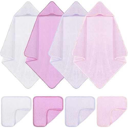 8 Pcs Muslin Baby Hooded Cotton Towels and Washcloths Sets Cotton Newborn Bath Towel Infant Baby Blankets Absorbent Unisex Newborn Registry Gift for Girls Boys(Purple Series)