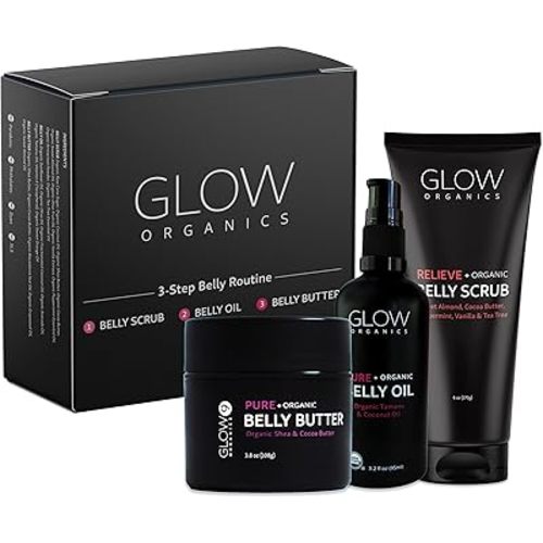 Glow Organics Stretch Mark Cream Belly Butter, Scrub and Oil, 3-Step Pregnancy Skin Care Kit, Belly Butter for Stretch Marks, Organic, Pregnancy & Baby Registry Must Haves, Mother To Be Gift.