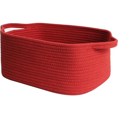 MEGASKET Red Woven Basket, 13.5” x 10” x 6” Red Empty Gift Basket to Fill, Decorative Cotton Rope Storage Bin for Organizing, Cute Baby Nursery Organizer, Rectangle Dog Toy Bin, Room Decor