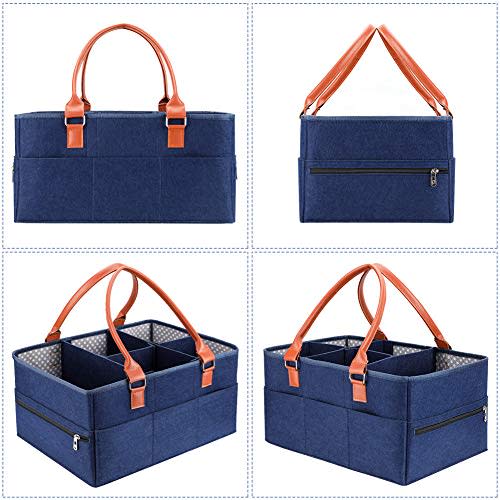 Marhynchus Large Portable Nappy Storage Basket with Detachable Divider, Felt Fabric Baby Diaper Caddy, Navy, for Nursery and Travel