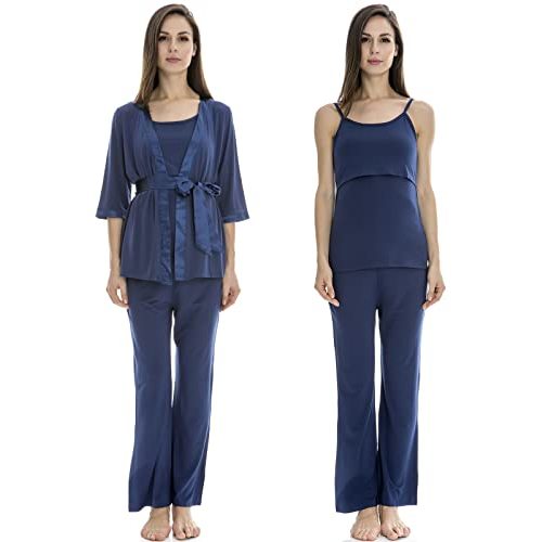 Bearsland Maternity Women's 3 Pieces Soft Nursing Pajamas Set Postpartum Sleepwear for Breastfeeding