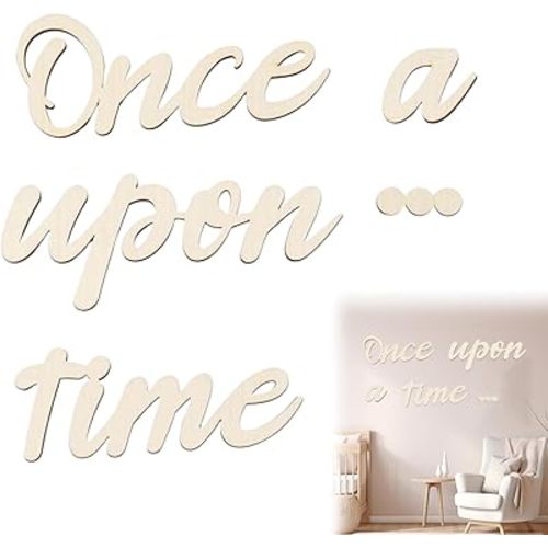 Wooden Once Upon a Time Wall Sign, 5-Piece Set, Cream Color, Reading Corner Nursery Decor, 7.9-8.5 Inch Length, Kids Room Library Decoration