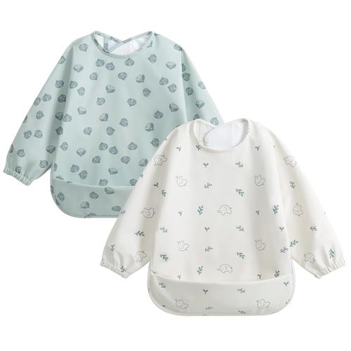 Little Dimsum Lot de 2 bavoirs à manches longues, poignets élastiques pour plus de confort, grande poche à attraper, polyester recyclé imperméable – Bavoir durable pour bébé pour le repas