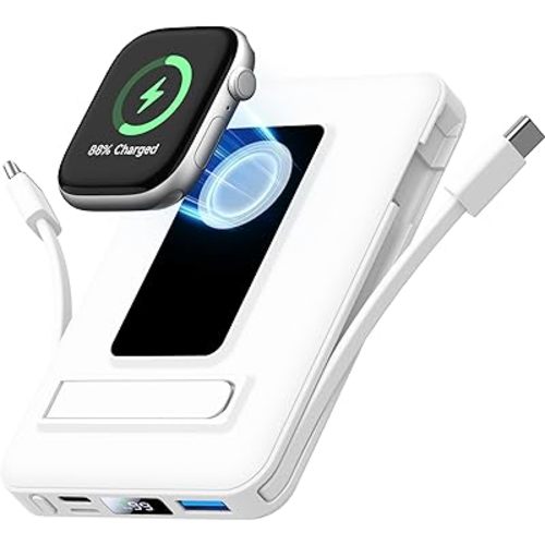 Magnetic Portable Charger, 10000mAh Wireless Power Bank for iPhone with Built-in Cables, 20W Fast Charging for Magsafe Battery Pack with Stand for iPhone Air/17/16/15/14/13/12 and Apple Watch