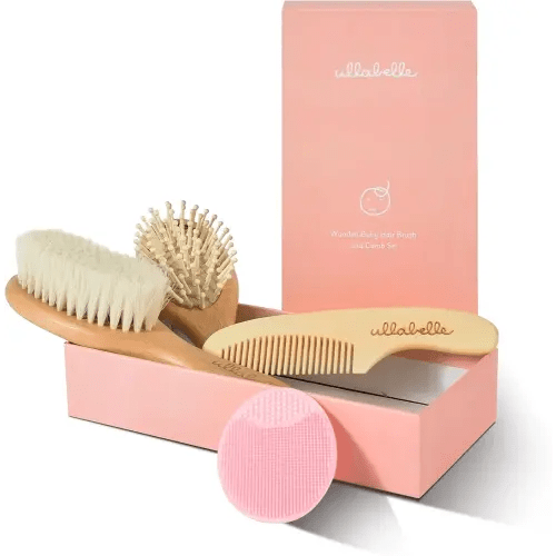 Ullabelle 4 Piece Wooden Baby Hair Brush and Comb Set for Newborns & Toddlers in Chic Gift Box - Ultra Soft Natural Goat Hair and Wood Baby Brush Set Prevents Cradle Cap - Perfect Registry Gift (Pink)
