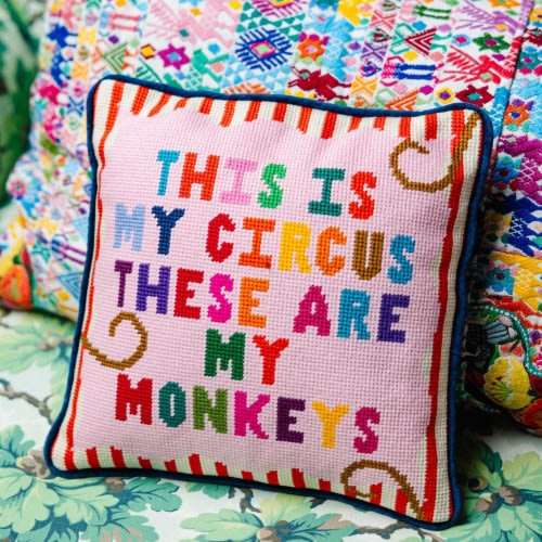 My Circus Needlepoint Decorative Throw Pillow - Small Embroidered Accent Pillow for Bed, Chair, Couch, Sofa, 11" x 11"