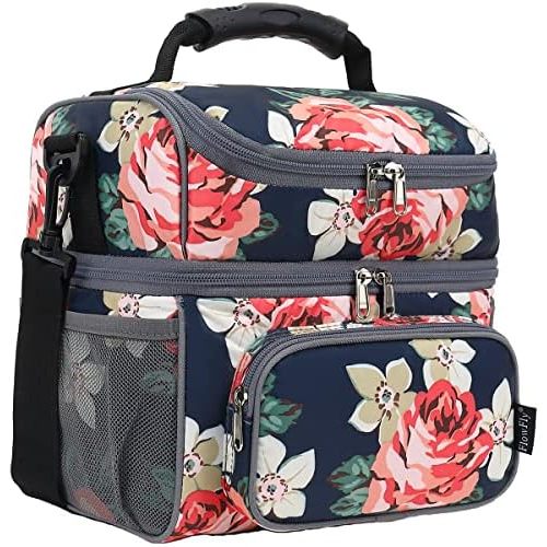FlowFly Double Layer Cooler Insulated Lunch Bag Adult Lunch Box Large Tote Bag for Men, Women, With Adjustable Strap,Front Pocket and Dual Large Mesh Side Pockets