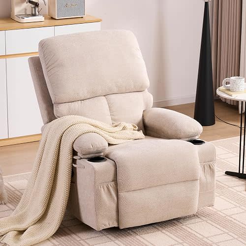 Recliner Chair for Adults, Nursery Glider Recliner with Massage and Heat, 360° Swivel Rocker Recliner, Manual Reclining Chair with Cup Holder, Side Pocket, Ergonomic for Moms and Elderly, Beige
