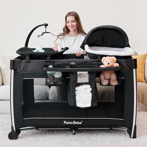 Pamo Babe 4 in 1 Portable Baby Playard Deluxe Nursery Center, Aluminium Legged Playard with Bassinet (Black)