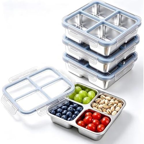 Stainless Steel Snack Containers with Lids, Snack Box Set of 4, 4-Compartment Divided Bento Box, Reusable Metal Food Storage Containers for Meal Prep, Office Gym Travel