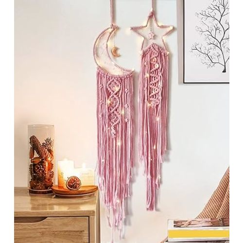 Dream Catchers Star Moon Dream Catcher Pink Room Decor, Macrame Dream Catcher Girls Teenager Bedroom Wall Decor,Boho Dreamcatcher Girls Room Decoration Teen Girl Gifts for Women Birthday Gifts Mother