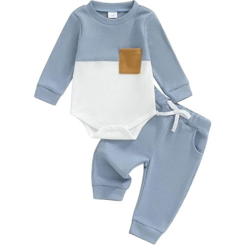 allshope Newborn Baby Boy Fall Outfit Romper Long Sleeve Solid Jumpsuit Bodysuit Elastic Waist Pants Infant Waffle Clothes