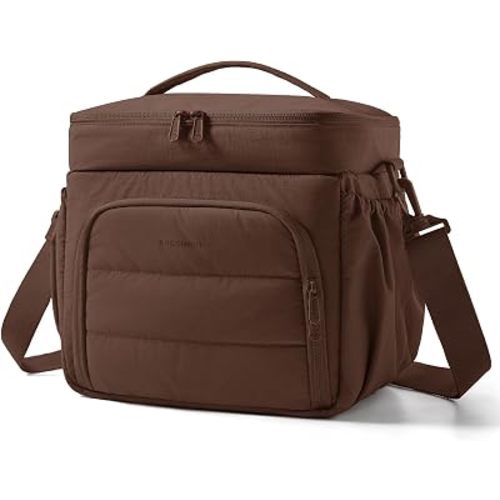 BAGSMART Puffy Insulated Lunch Bag, Lightweight Large 14L Double Deck Lunch Box for Women, Soft Cooler Tote for Office Work Travel Camping with Stretch Side Pockets Fits 40 oz Bottle, Coffee Brown