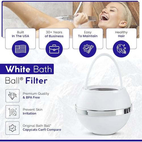 Crystal Quest Premium Bath Ball Water Filter for Bathtub - 3-Stage Filtration, Removes Chlorine, Chloramine & Byproducts, 2,500 Gallons, BPA Free, pH Balanced Water, Fits Most Tubs, White