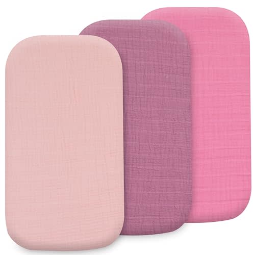 3-Pack Organic Muslin Bassinet Fitted Sheets, Compatible with Halo, Snoo, Graco, Dream On Me, Delta, and Other Standard Size Bassinets - Fits Oval, Hourglass, & Rectangle Shapes (32 x 16 x 4 Inches)
