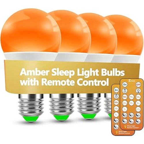 Amber Sleep Light Bulbs 1600K with Remote Control, E26 Blue Light Blocking A19, 9W for Sleep Therapy, Baby Nursery, Bedroom (4 Packs)