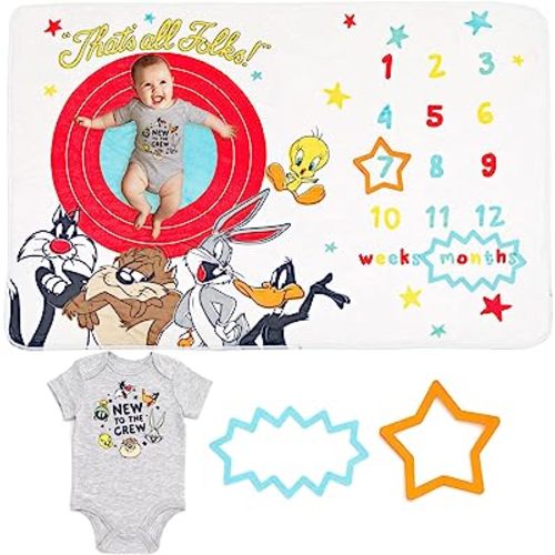 Looney Tunes Sylvester Bugs Bunny Tasmanian Devil Baby Bodysuit and Monthly Milestone Blanket 4 Piece Newborn