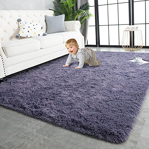 TWINNIS Super Soft Shaggy Rugs Fluffy Carpets 4x5.9 Feet, Indoor Modern Plush Area Rugs for Living Room Bedroom Kids Room Nursery Home Decor, Upgrade Anti-Skid Fuzzy Rug, Grey Purple