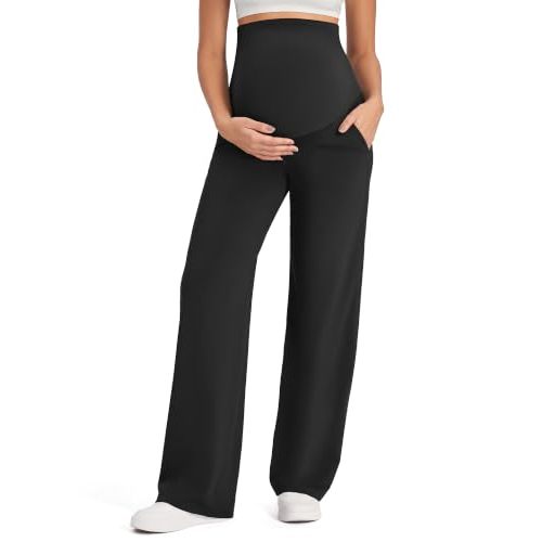 G4Free EverGoing Maternity Pants Over the Belly Pregnancy Work Trousers | Highly Stretchy,Two Side Pockets,Wide Leg,Full Belly,Sleek Soft,Slightly Brushed,for Dress Yoga Casual