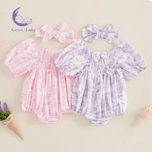 Baby Girls Rompers Floral Print Ruched Puff Sleeve Toddler Bodysuits - TikTok Shop