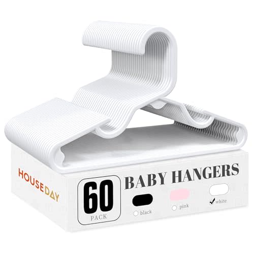 HOUSE DAY Plastic Baby Hangers for Closet 60 Pack, Durable Plastic Kids Hangers for Baby Clothes, Thin & Compact Childrens Hangers, Space Saving White Baby Hanger, Small Hanger for Kids Clothes