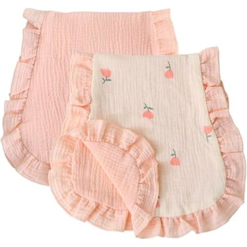 Ruffle Baby Burp Cloths 2 Pack – Super Absorbent 100% Cotton Muslin, Extra Soft Spit Up Rags for Newborn, Large 21"x11" Burping Cloth for Baby Boy & Girl, Baby Essentials (Tulip, 22''x11'')
