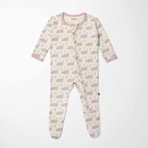 Print Footie with 2 Way Zipper in Natural Hippo