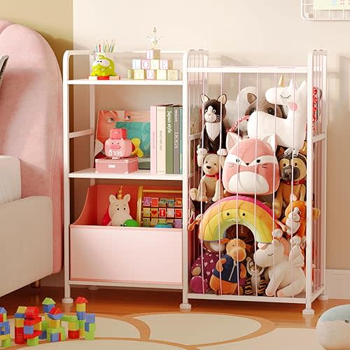 BBLIKE Stuffed Animal Storage - Stuffed Animal Net with Kids Bookshelf and Toy Organizer, 2-Tier White Bookshelf with Stuffed Animal Holder and Fabric Toy Chest for Kids Room, Playroom, Nursery, Pink