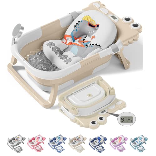 TPN Collapsible Baby Bathtub, Baby Bath Tub with Soft Cushion & Real-Time Thermometer, Baby Bathtub Infant to Toddler Tub (0-36 Months), Portable Newborn Travel Bath tub