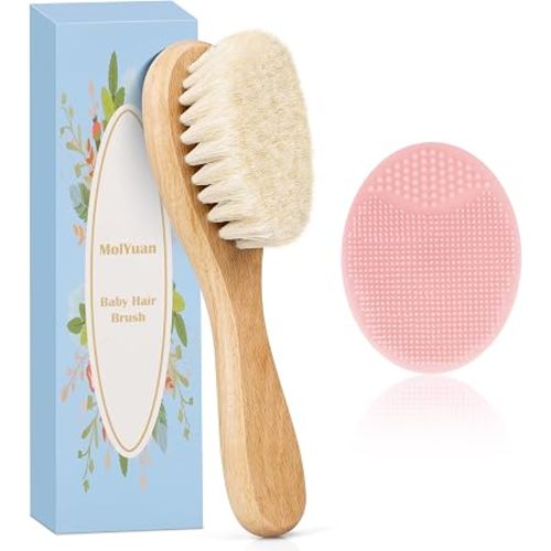 2PCS Baby Hair Brush, Goat Bristles Brush and Green Baby Silicone Brush Set for Cradle Cap Wood Bristle Brush for Newborns and Toddlers (Pink)