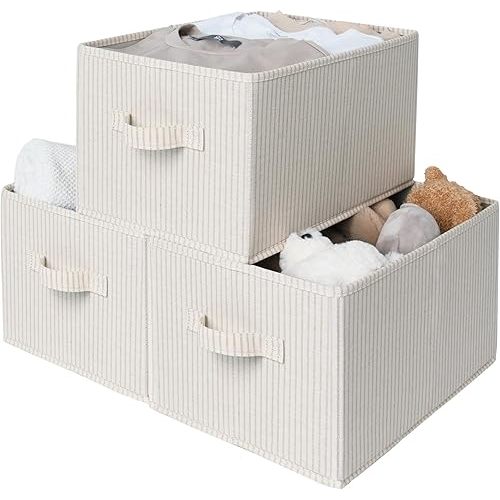 StorageWorks Foldable Shelf Organizer Bins, Closet Storage Baskets for Clothes, Fabric Storage Bins for Shelves, Beige Stripes, 3-Pack, Large