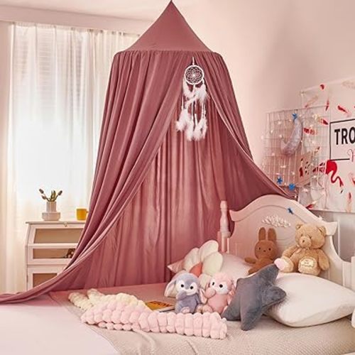 dix-rainbow Princess Decor Canopy for Kids Bed, Soft and Durable Bed Canopy for Girls Room Tent Canopy Dreamy Mosquito Net Bedding, Children Reading Nook Canopies Indoor(Red Bean)