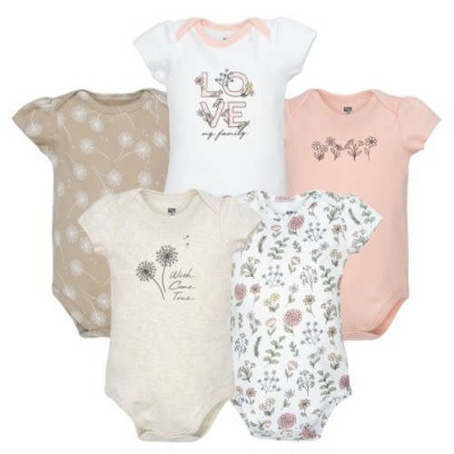 Hudson Baby Infant Girls Cotton Bodysuits 5-Pack, Dandelion Wish, 0-3 Months