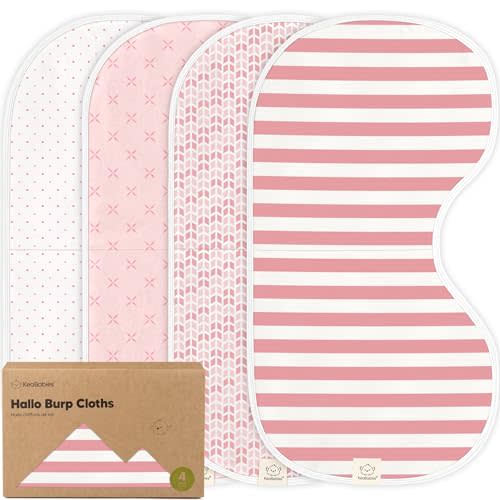 KeaBabies 4-Pack Baby Burp Cloths Baby Girl, Boy - Organic Cotton Burp Cloth, Extra Large, Absorbent, Soft Burping Cloths & Bibs Set for Babies, Newborn Burp Clothes, Thick Burp Rags (Blush)