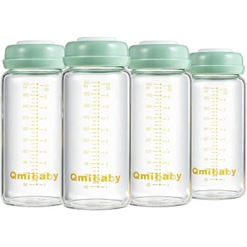 Baby Bottles,Wide Neck BPA Free Breast Milk Container 10oz Screw Ring Sealing Disk Re-markable Sealing Disc Fits Breast Pumps & Nipples Collection Bottles for Fridge(4 Green Lids)