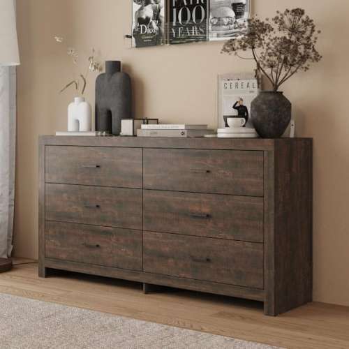 Brown Wood Finish 6-Drawer 63 in. x 15.7 in. x 33.1 in. Dresser, Wooden Chest of Drawers for Bedroom