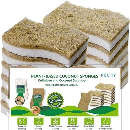 Sponges Kitchen Natural Dish Sponge Plant-Based Biodegradable Compostable Cellulose with Coconut Scrubber Sponge Non Scratch Eco Friendly Kitchen sponges for Kitchen Dishes（Pack of 12）