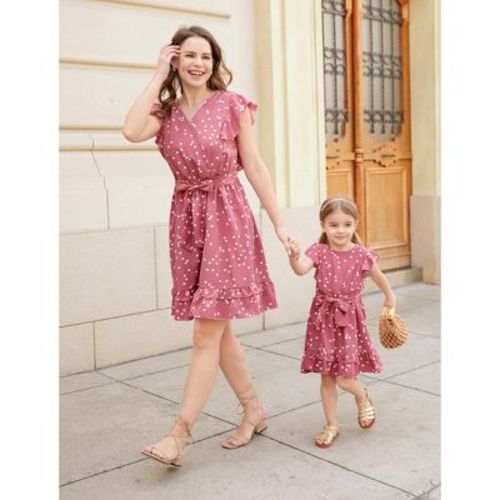 PATPAT Mommy and Me Matching Outfits All Over Dots Cross Wrap V Neck Ruffle Flutter-sleeve Dress