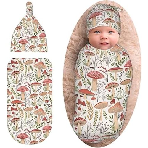 Cute Mushroom Newborn Swaddle Blanket with Beanie Set, Soft and Stretchy Baby Blanket Swaddle Sack for Boy and Girl