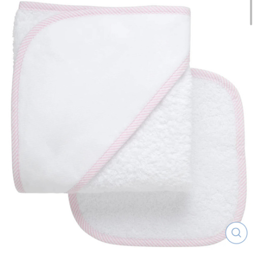 Pink Seersucker Stripe Trim Hooded Towel Set