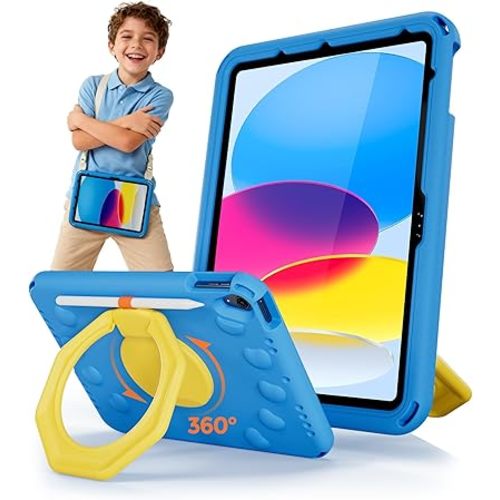 ProCase Kids Case for iPad A16 11th Gen/iPad 10th Gen 10.9 inch/iPad Air 11 inch M4 M3 M2/ Air 5th/ Air 4th, Shockproof Cover with Pencil Holder, Ring Stand Handle, Shoulder Strap -Blue & Yellow