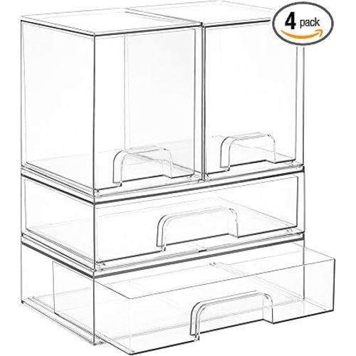 Vtopmart Clear Stackable Storage Drawers Set of 4, Plastic Organizer Bins for Makeup, Cosmetics, Beauty Supplies,Ideal for Vanity, Bathroom,Cabinet,Pantry Organization