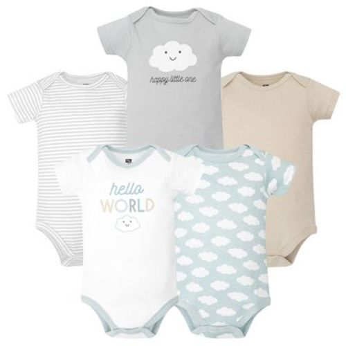 Hudson Baby Infant Cotton Bodysuits 5-Pack, Hello World Clouds, Newborn