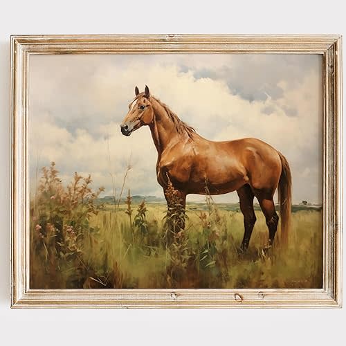 Horse Art Print - 11x14 (Unframed) | Stallion in Field Painting | Farmhouse Home Decor | Vintage Equestrian Artwork | Gift for Horse Lovers | Western Style Art