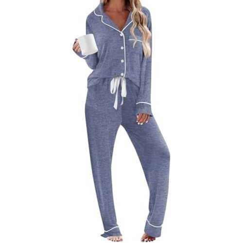 HNG Pajamas for Women Set 2 Piece Pj Set Long Sleeve Button Up Lounge Sets Sleepwear with Pockets XS-XXL