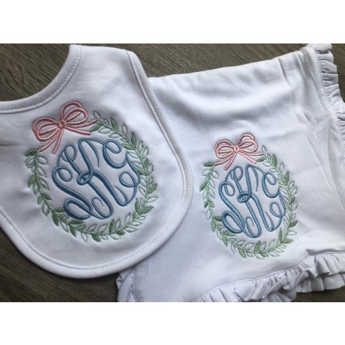 Monogrammed Baby Bib and Burp Cloth Set,Ruffled Burp Cloth, Personalized Baby Shower Gift,