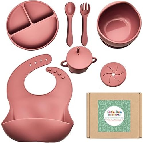 Silicone Baby Feeding Essentials Set 7 Pack, Feeding Supplies for Toddlers with Suction Plate, Bowl, Bib, Spoon & Fork, Water & Snack Cup, BPA Free - Rose Pink