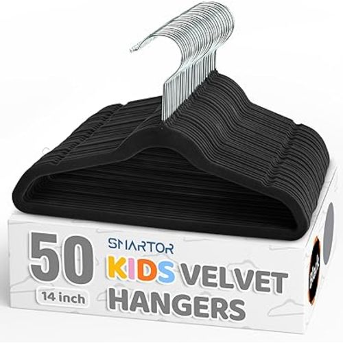Smartor Premium 14 Inch Kids Hangers 50 Pack, Black Baby Velvet Hanger, Non Slip, Space Saving Felt Hangers Clothes Organizers for Closet with 360° Swivel Hook for Children, Toddler & Teens