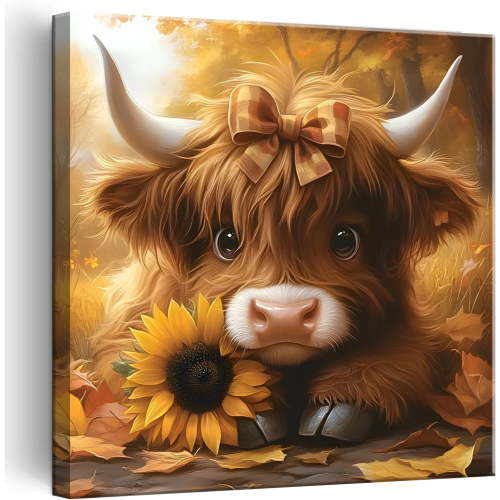 AXXPosters-Cute Highland Cow Baby Canvas Wall Art Rustic Farmhouse Sunflower Wall Decor Picture Baby Cow Poster Print for Bedroom Bathroom Home Decoration