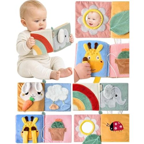 Soft Baby Book with Mirror - Crinkle Cloth Sensory Book, 0-18 Months | Touch and feel textures, peek-a-boo flaps, machine washable polyester, tummy time and travel toy, animal themes, gift